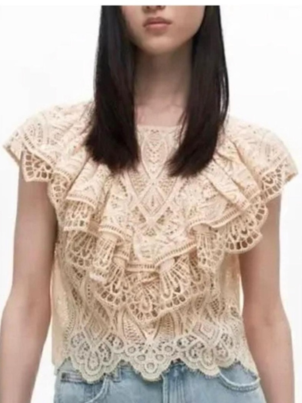 Lace Ruffle Cap Sleeve Top in Cream XS
